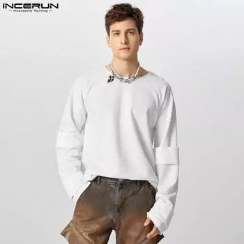 INCERUN Men Round Neck Texture Stack Long Sleeve T-shirts Casual Loose Tops 4XL чёрный