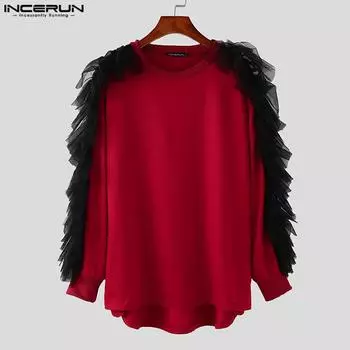 INCERUN Men Ruffled Hem Long Sleeve T-shirts Casual Lace Patchwork Tops S чёрный