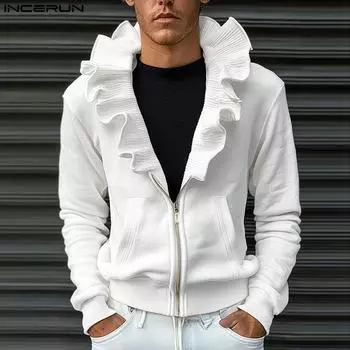 INCERUN Men Ruffled Lapel Long Sleeve Zipper Casual Jackets Coats XL