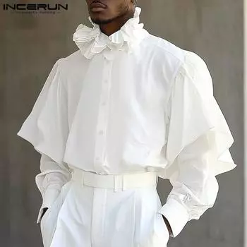 INCERUN Men Ruffled Neck Layers Long Sleeve Buttons Casual Loose Elegant Shirts S чёрный