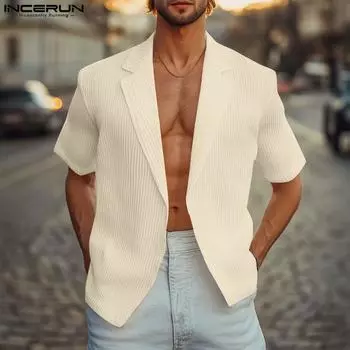 INCERUN Men Short Sleeve Open Front Texture Knitted Casual Tops Cardigan S чёрный