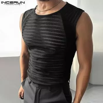 INCERUN Men Sleeveless Lace Patchwork Tank Tops Casual Party Mesh Hollow Out Vest 3XL чёрный