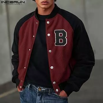 INCERUN Men Spring Autumn Long Sleeve Buttons Patchwork Baseball Jackets Short Coats S хаки