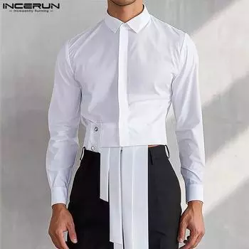 INCERUN Men Spring Lapel Long Sleeve Buttons Tassel Patchwork Casual Shirts Tops 2XL чёрный
