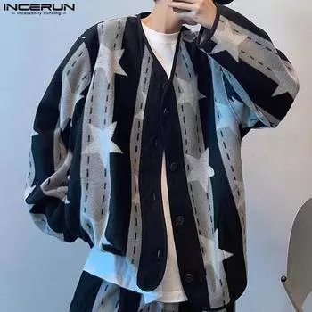 INCERUN Men Spring Long Sleeve Print Buttons Smooth Kimonos Casual Cardigan S чёрный