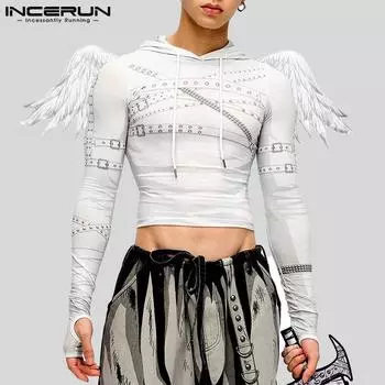 INCERUN Men Spring Long Sleeve Print Short Pullover Hooded Sweatshirts 2XL белый