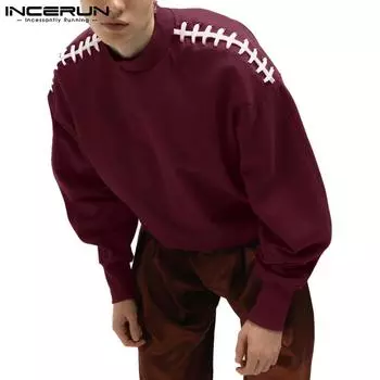 INCERUN Men Spring Long Sleeve Solid Casual Pullovers Shoulder Bandage Tops S темно-красного