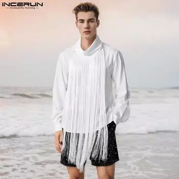 INCERUN Men Spring Long Sleeve Tassel Shirts Casual Loose Mockneck Tops S чёрный