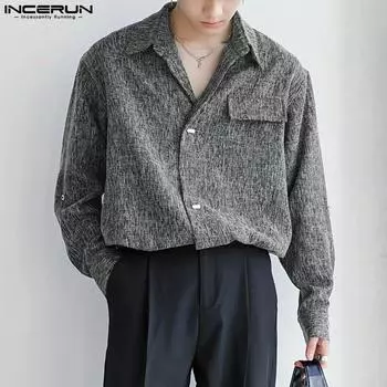 INCERUN Men Spring Turn Down Collar Long Sleeve Shirts Casual Tops M зелёный