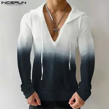 INCERUN Men Spring V Neck Long Sleeve Gradient Hoodies Hooded Sweatshirts S чёрный