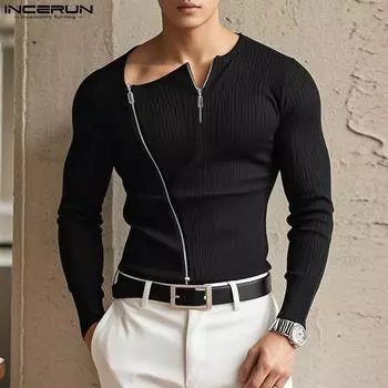 INCERUN Men Spring Zip-Up Long Sleeve Texture Tops T-shirts XL чёрный