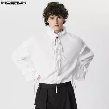 INCERUN Men Stand Collar Flounce Long Sleeve Lace Up Shirts Blouse