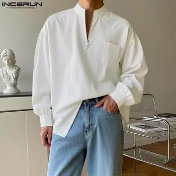 INCERUN Men Stand Collar Zip-up Long Sleeve Solid Color Casual Loose Shirts S чёрный