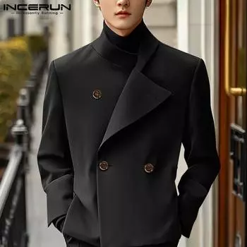 INCERUN Men Stand Neck Long Sleeve Solid Spirng Shirts M чёрный