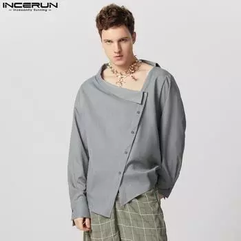 INCERUN Men Strapless Neck Long Sleeve Side Buttons Irregular Shirts Casual Tops S хаки