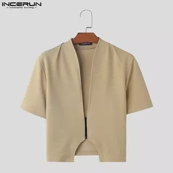 INCERUN Men Summer Deep V Neck Short Sleeve Irregular Hem Crop Tops T-shirts 2XL чёрный