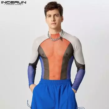 INCERUN Men Summer Mockneck Long Sleeve Mesh Stitching Tops See Through T-shirts S
