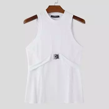 INCERUN Men Summer O Neck Sleeveless Patchwork Stretch Casual Sport Hollow Tank Tops белый