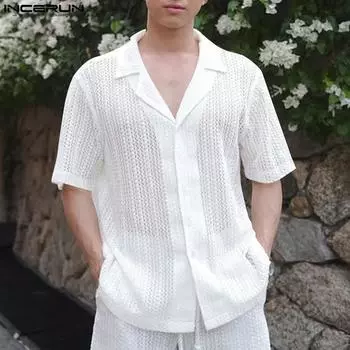 INCERUN Men Summer Short Sleeve Buttons Texture Hollow Mesh Back Patchwork Tops Shirts S чёрный