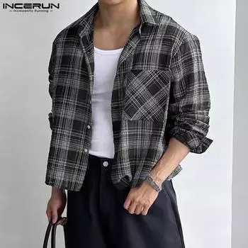 INCERUN Men Turn-down Collar Long Sleeve Buttons Up Plaid Casual Shirts 2XL чёрный