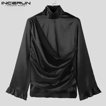 INCERUN Men Turtleneck Long Sleeve Ruffled Patchwork Satin Shirts Tops XL красный