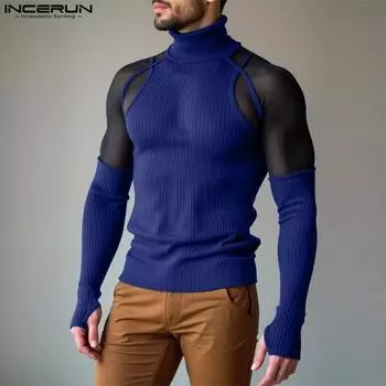 INCERUN Men Turtleneck Mesh Patchwork Long Sleeve Skinny Tops T-shirts S чёрный