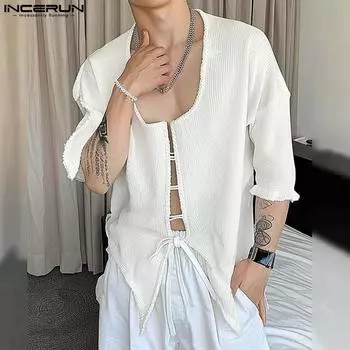 INCERUN Men U Neck Long Sleeve Lace Up Casual Tops Undershirts S чёрный