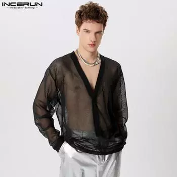 INCERUN Men V Neck Long Sleeve Mesh Hollow Out Tops Casual See Through T-shirts L чёрный