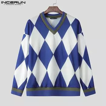 INCERUN Men V Neck Long Sleeve Patchwork Plaid Print Oversized Loose Pullovers S фиолетовый