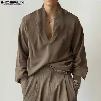 INCERUN Men V Neck Texture Long Sleeve Shirts Casual Loose Tops 3XL хаки