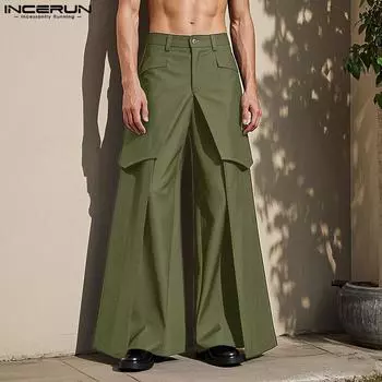 INCERUN Men Zipper Up Layers Patchwork Casual Long Straight Pants Trousers M