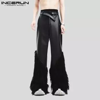 INCERUN Men Zipper Waist Furry Patchwork PU Leather Pants Casual Long Trousers S чёрный