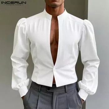 INCERUN Mens Deep V Neck Long Sleeve One Button Solid Color Loose Short Shirts Tops XL белый