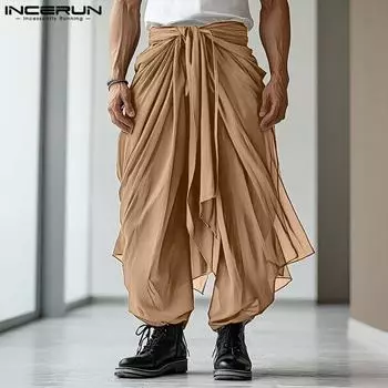 INCERUN Mens Elastic Waist Layers Ruffled Solid Color Casual Harem Pants Long Trousers S чёрный