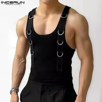 INCERUN Mens Summer Sleeveless Patchwork Strap Solid Color Casual Tank Tops S коричневый