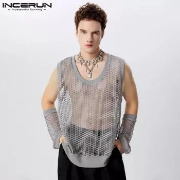 INCERUN Мужские сетчатые топы с ажурным узором, повседневные прозрачные футболки с нарукавниками для вечеринок S чёрный