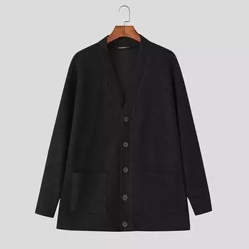 INCERUN Oversized Men Collarless Long Sleeve Buttons Ribbed Casual Cardigans S