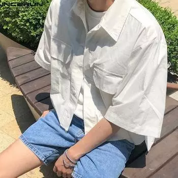 INCERUN Oversized Men Summer Short Sleeve Buttons High Low Casual Shirts Tops S белый