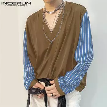 INCERUN Oversized Men V Neck Patchwork Striped Long Sleeve T-Shirts Pullover Tops 3XL чёрный