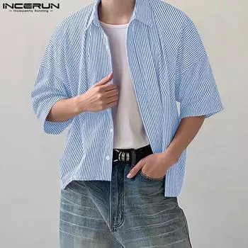 INCERUN Oversized Summer Men Turn-down Collar Half Sleeve Striped Casual Shirts S чёрный