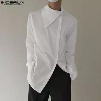 INCERUN Plus Size Men Irregular Neck Long Sleeve Oblique Buttons Splits Casual Shirts XL чёрный