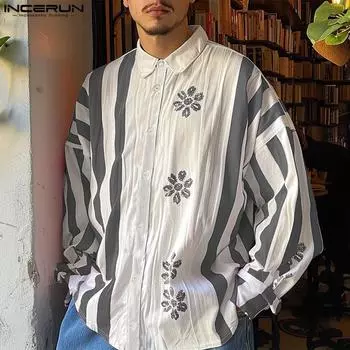 INCERUN Spring Men Long Sleeve Casual Shirts Floral Striped Patchwork Tops S красный