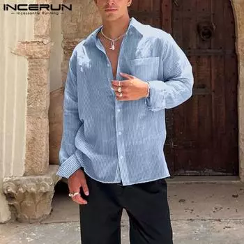 INCERUN Spring Oversized Men Long Sleeve Turn-down Collar Buttons Striped Casual Shirts 2XL синий