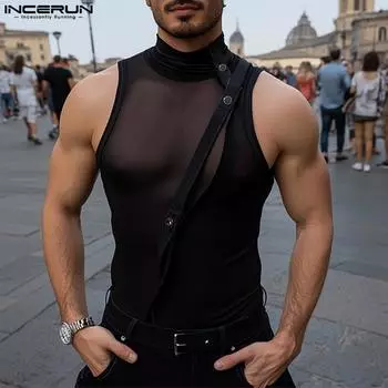 INCERUN Summer Men High Neck Sleeveless Patchwork See Through Mesh Sheer Party Tank Tops S