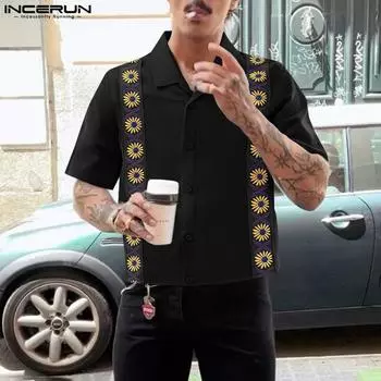 INCERUN Summer Men Lapel Short Sleeve Button Embroidery Casual Loose Short Shirts S чёрный