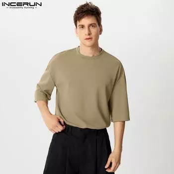 INCERUN Summer Men O Neck Short Sleeve T-shirts Loose Casual Texture Tops L хаки