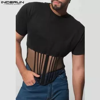 INCERUN Summer Men Round Neck Long Sleeve Patchwork Mesh Sheer Irregular Fitted Party T-shirts S