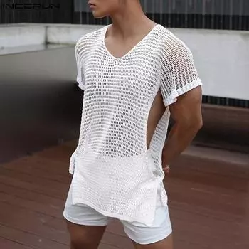 INCERUN Summer Men Short Sleeve Mesh Sheer Hollow Out Side Lace-up Cutout Club Party T-shirts S белый