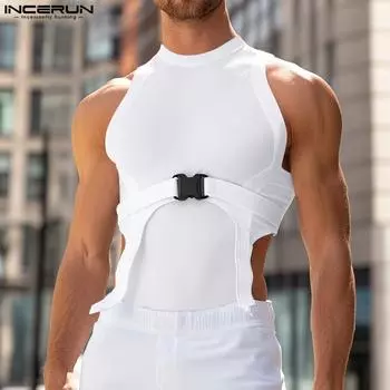 INCERUN Summer Men Sleeveless Irregular Patchwork Cutout Slim Tanks Tops M