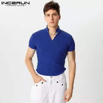 INCERUN Summer T-shirts Men Stand Neck Short Sleeve Knitted Muscle Tops S чёрный